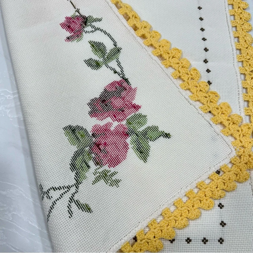 Handmade Floral Cross Stitch Embroidered Floral Accent with Yellow Trim Cottage